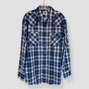 Ely Cattleman Size XL Blue Plaid Pearl Snap Shirt Long Sleeve Western Rodeo